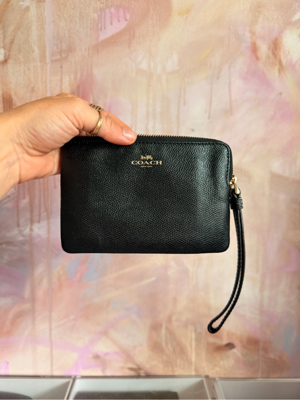 COACH Black Leather Zip Wristlet Wallet